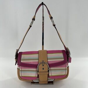 Coach Vintage Soho Hampton Mini Pastel Stripe Sateen Buckle Flap Pink Nude Trim